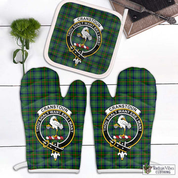Cranstoun (Cranston) Tartan Combo Oven Mitt & Pot-Holder with Family Crest Combo 2 Oven Mitt & 1 Pot-Holder Black - Tartan Vibes Clothing