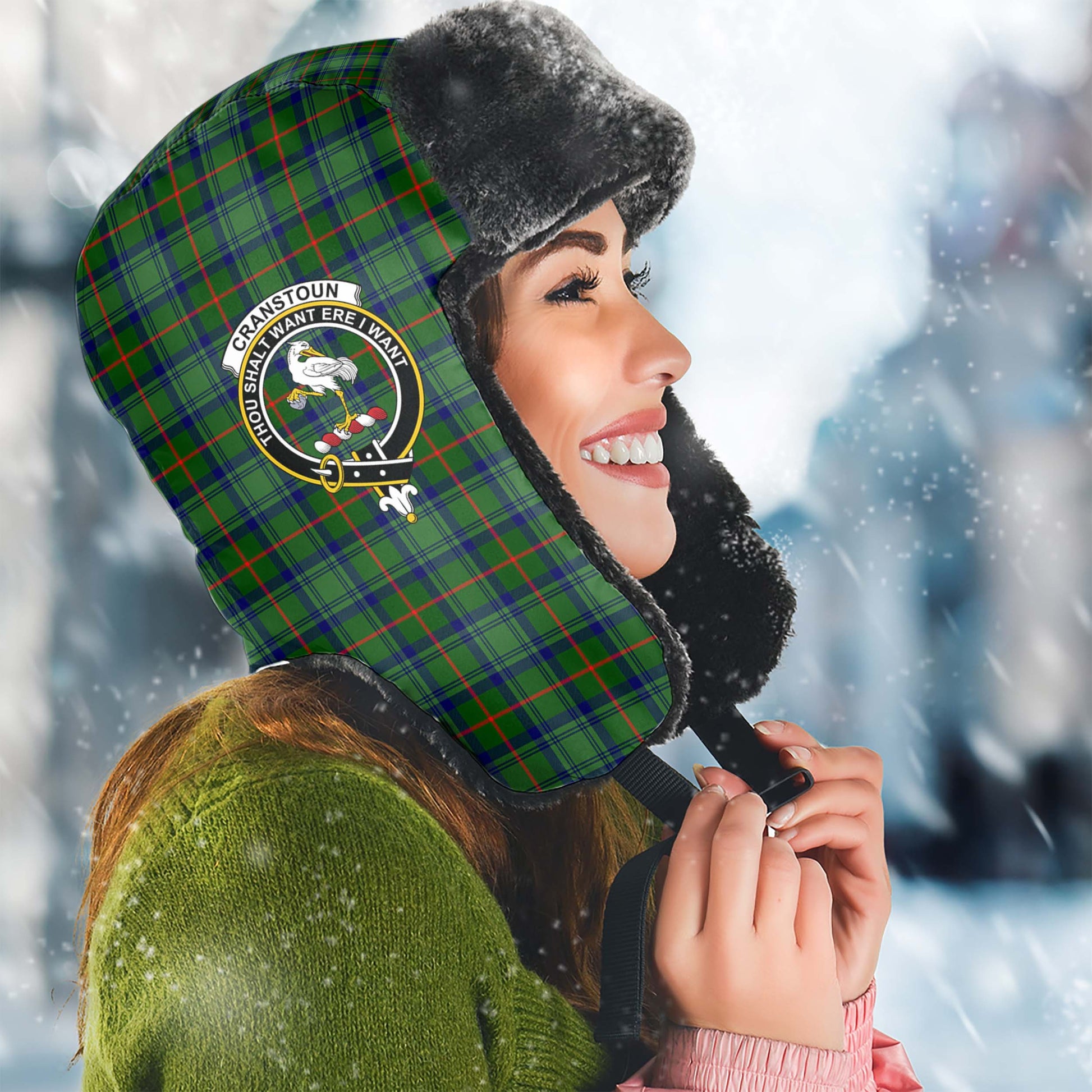 Cranstoun (Cranston) Tartan Winter Trapper Hat with Family Crest Winter Trapper Hat Universal Fit Circumference 22.8in (58cm) - Tartan Vibes Clothing