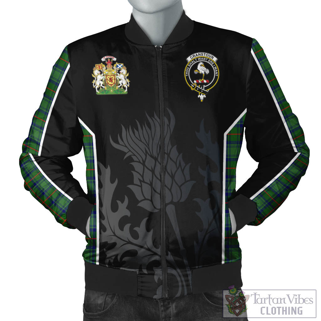 Cranstoun (Cranston) Tartan Bomber Jacket with Family Crest and Scottish Thistle Vibes Sport Style Unisex Black - Tartan Vibes Clothing