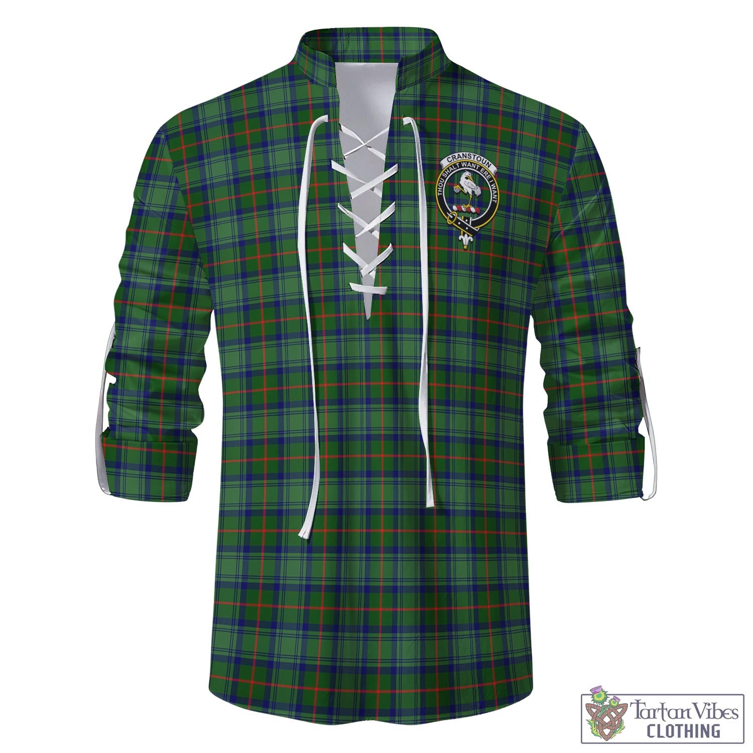 Tartan Vibes Clothing Cranstoun Tartan Men's Scottish Traditional Jacobite Ghillie Kilt Shirt with Family Crest