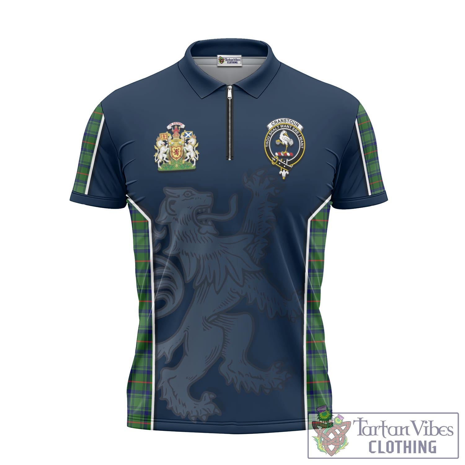 Tartan Vibes Clothing Cranstoun Tartan Zipper Polo Shirt with Family Crest and Lion Rampant Vibes Sport Style
