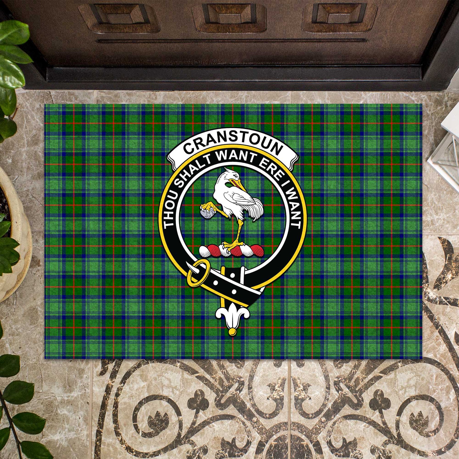 Cranstoun (Cranston) Tartan Rubber Doormat with Family Crest - Tartan Vibes Clothing