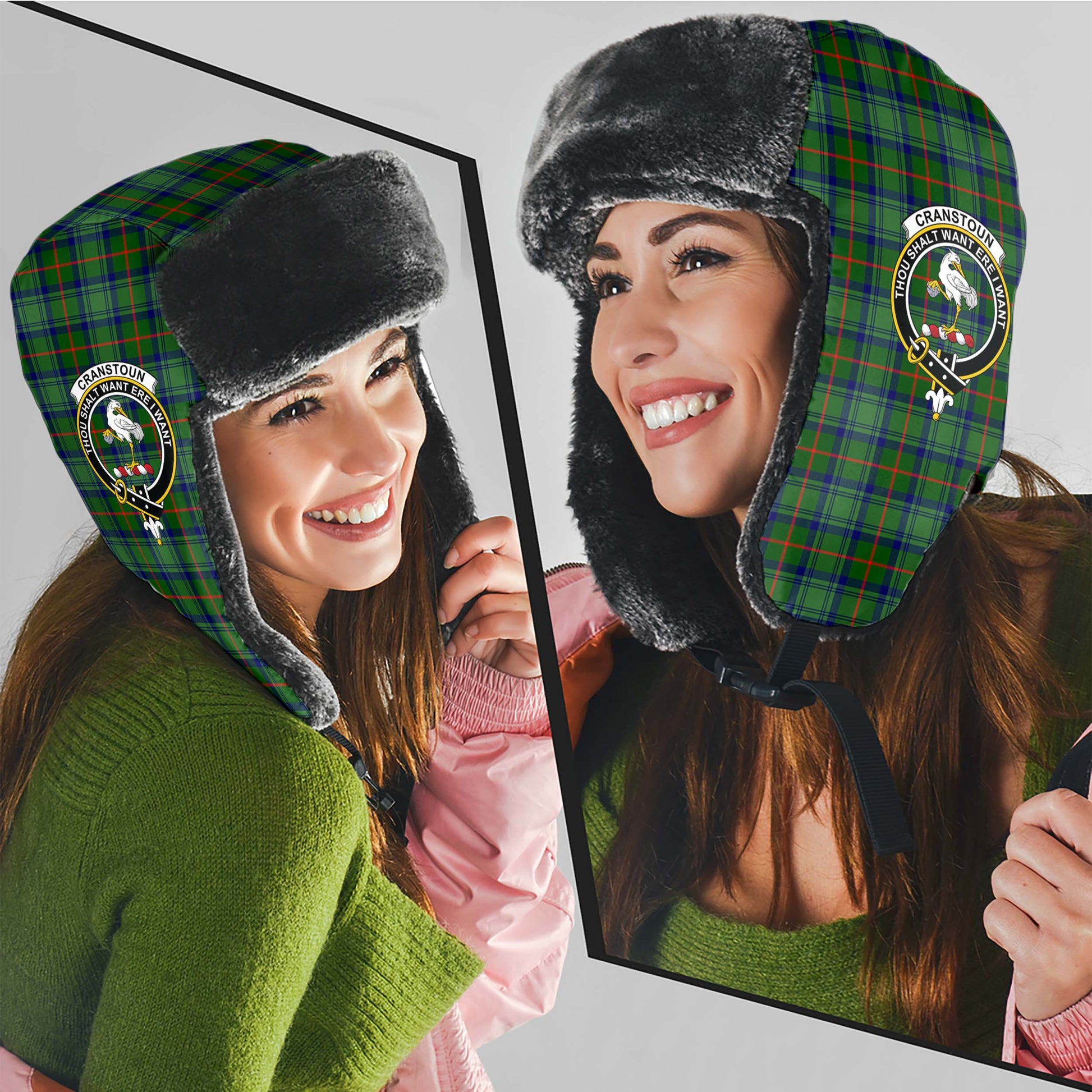 Cranstoun (Cranston) Tartan Winter Trapper Hat with Family Crest - Tartan Vibes Clothing