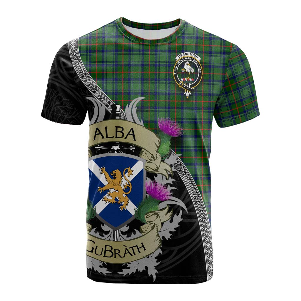 Tartan Vibes Clothing Cranstoun (Cranston) Tartan Family Crest Cotton T-shirt Lion Rampant Royal Thistle Shield Celtic Inspired