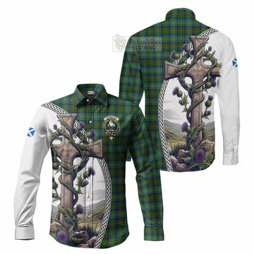 Cranstoun (Cranston) Tartan Long Sleeve Button Shirt with Family Crest and St. Andrew's Cross Accented by Thistle Vines Men's Shirt S - Tartan Vibes Clothing