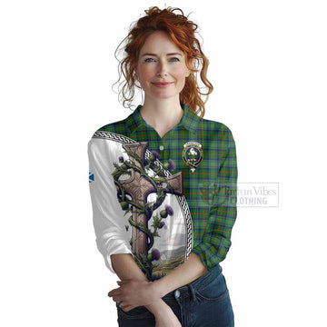 Cranstoun (Cranston) Tartan Women's Casual Shirt with Family Crest and St. Andrew's Cross Accented by Thistle Vines Female - Tartan Vibes Clothing
