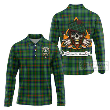 Cranstoun (Cranston) Tartan Long Sleeve Polo Shirt with Family Crest and Bearded Skull Holding Bottles of Whiskey Unisex - Tartan Vibes Clothing