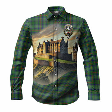 Tartan Vibes Clothing Cranstoun (Cranston) Tartan Family Crest Long Sleeve Button Shirt with Scottish Ancient Castle Style