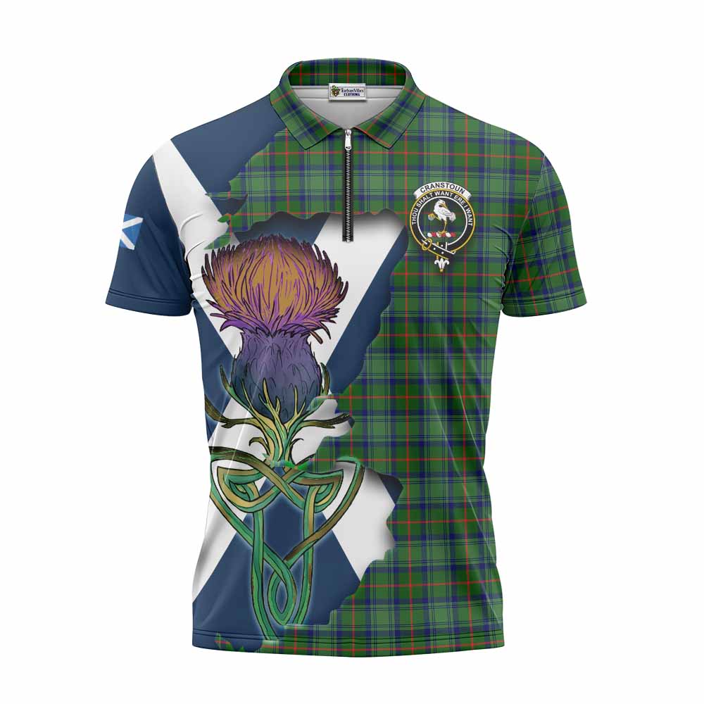 Tartan Vibes Clothing Cranstoun (Cranston) Tartan Family Crest Zipper Polo Shirt Scottish Thistle Celtic Inspired