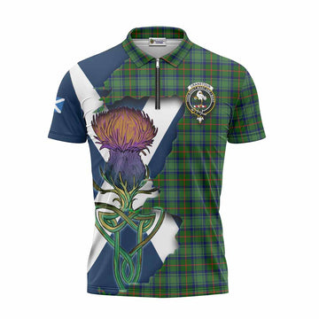 Tartan Vibes Clothing Cranstoun (Cranston) Tartan Family Crest Zipper Polo Shirt Scottish Thistle Celtic Inspired