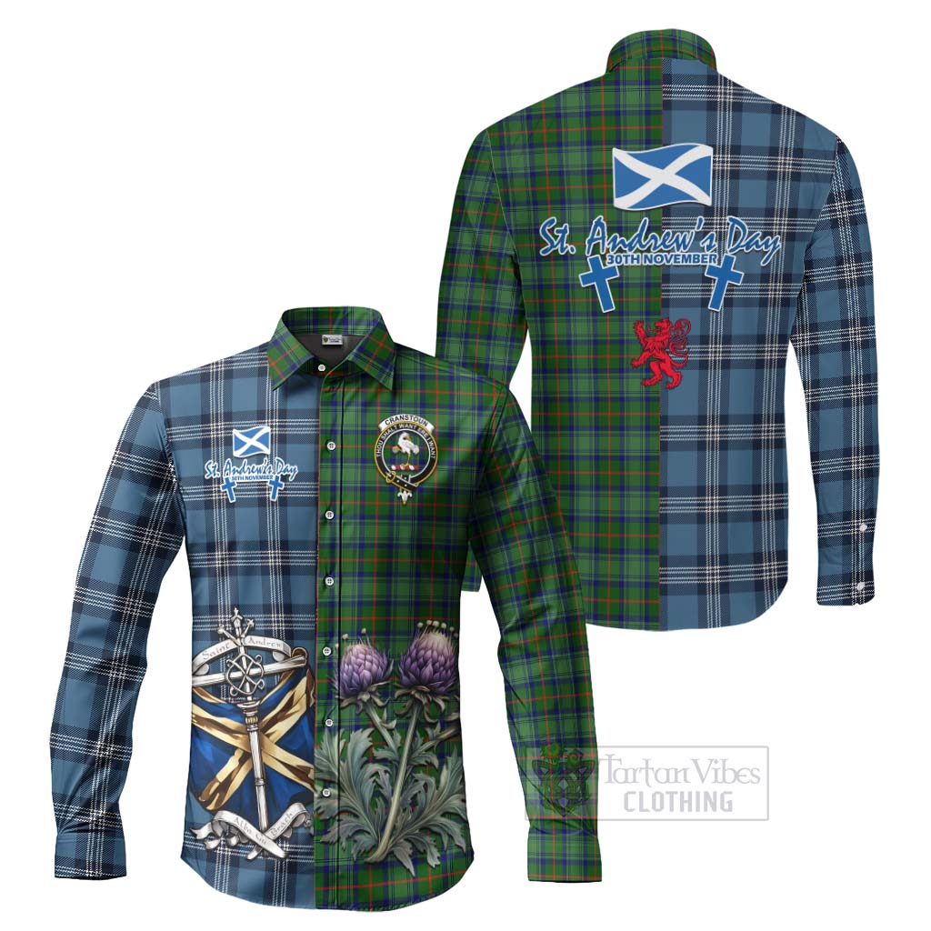 Cranstoun (Cranston) Tartan Long Sleeve Button Shirt Happy St. Andrew's Day Half Tartan Style Men's Shirt S - Tartan Vibes Clothing