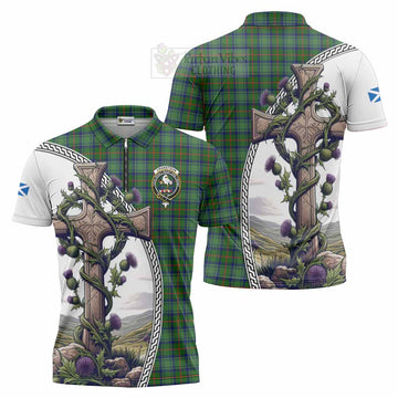 Cranstoun (Cranston) Tartan Zipper Polo Shirt with Family Crest and St. Andrew's Cross Accented by Thistle Vines Unisex - Tartan Vibes Clothing