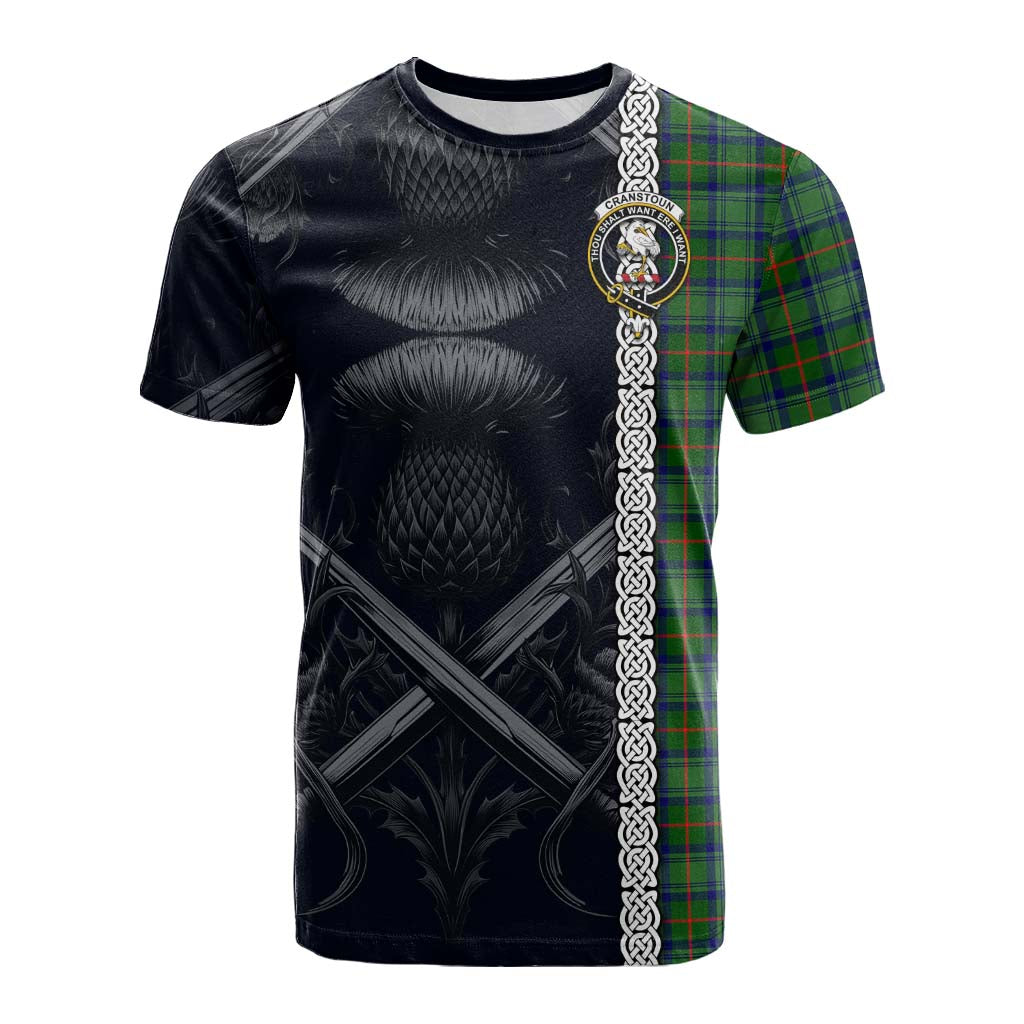 Tartan Vibes Clothing Cranstoun (Cranston) Tartan Cotton T-shirt with Family Crest Cross Sword Thistle Celtic Vibes