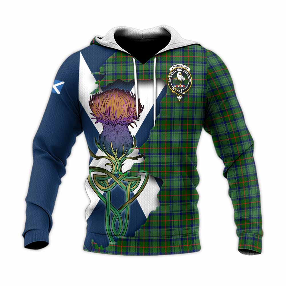 Tartan Vibes Clothing Cranstoun (Cranston) Tartan Family Crest Knitted Hoodie Scottish Thistle Celtic Inspired