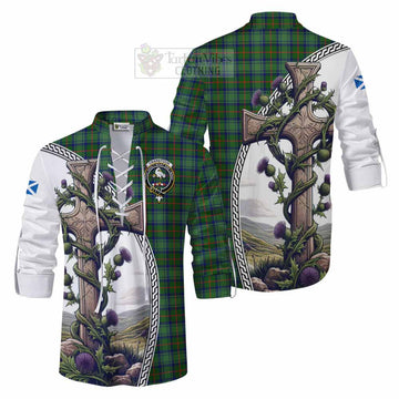 Cranstoun (Cranston) Tartan Ghillie Kilt Shirt with Family Crest and St. Andrew's Cross Accented by Thistle Vines Men - Tartan Vibes Clothing