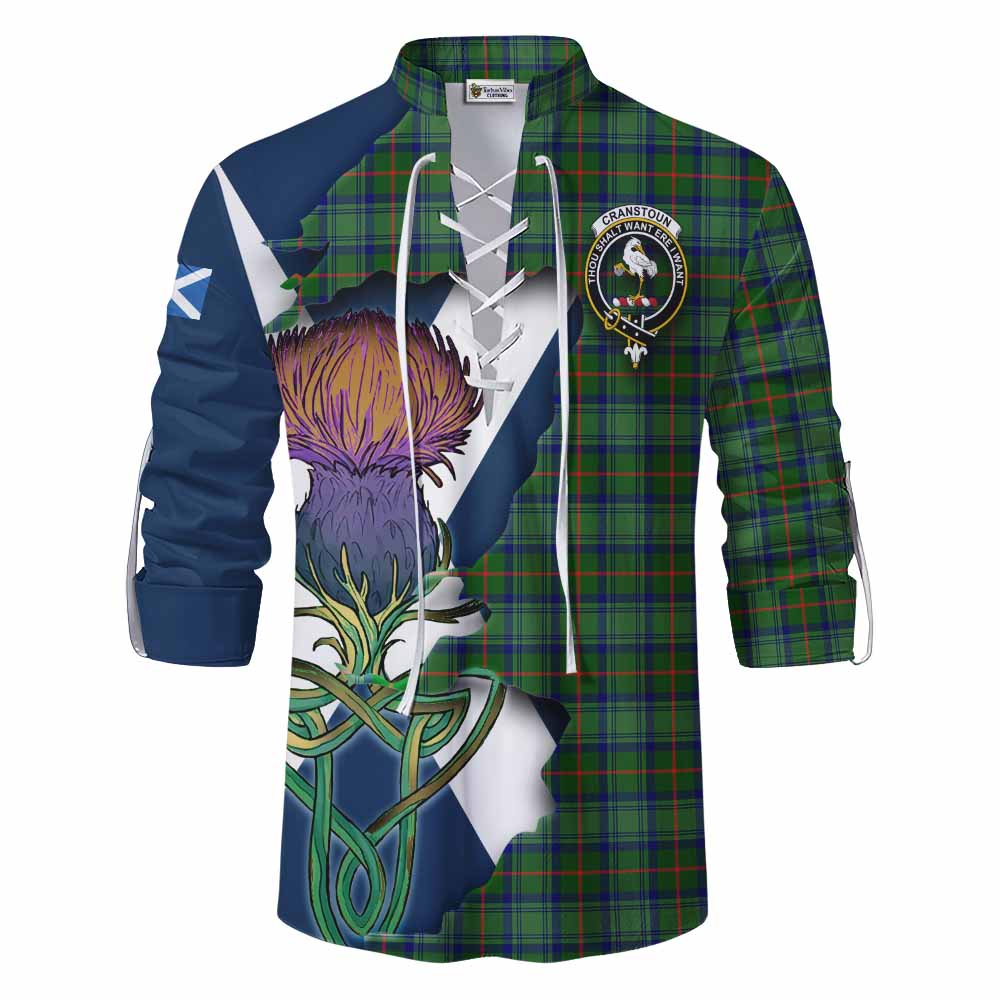 Tartan Vibes Clothing Cranstoun (Cranston) Tartan Family Crest Ghillie Kilt Shirt Scottish Thistle Celtic Inspired