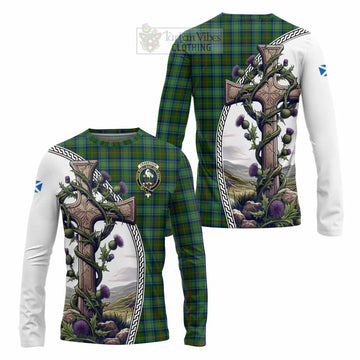 Cranstoun (Cranston) Tartan Long Sleeve T-Shirt with Family Crest and St. Andrew's Cross Accented by Thistle Vines Unisex - Tartan Vibes Clothing