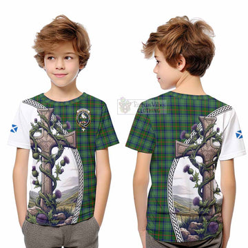 Cranstoun (Cranston) Tartan Kid T-Shirt with Family Crest and St. Andrew's Cross Accented by Thistle Vines Youth XL Size14 - Tartan Vibes Clothing