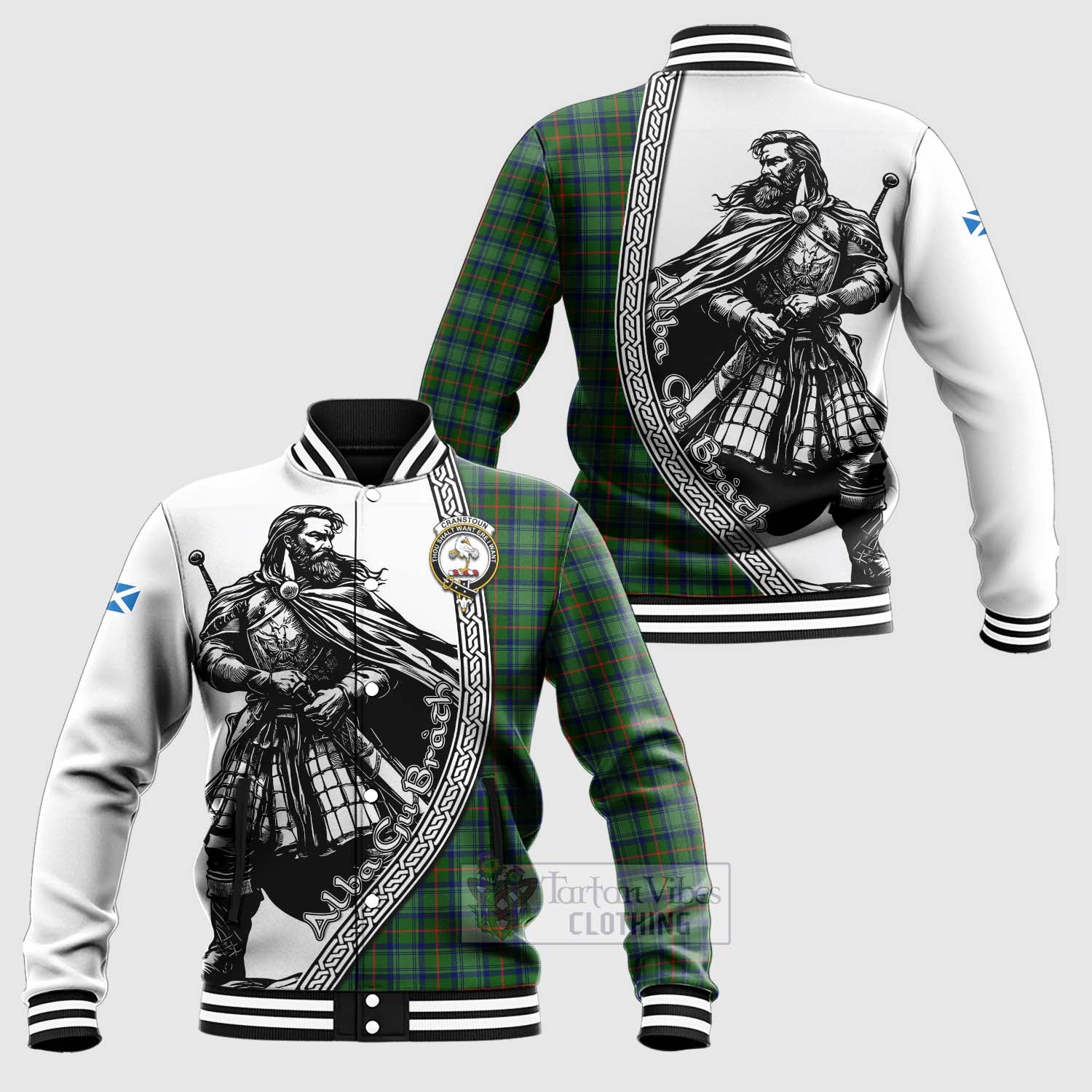 Cranstoun (Cranston) Tartan Clan Crest Baseball Jacket with Highlander Warrior Celtic Style Unisex - Tartan Vibes Clothing