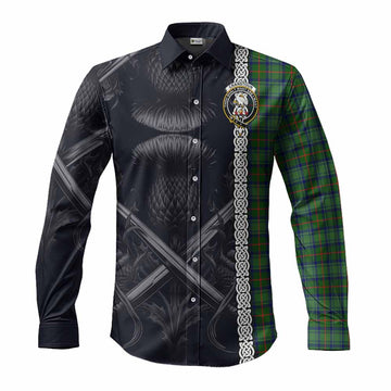 Tartan Vibes Clothing Cranstoun (Cranston) Tartan Long Sleeve Button Shirt with Family Crest Cross Sword Thistle Celtic Vibes