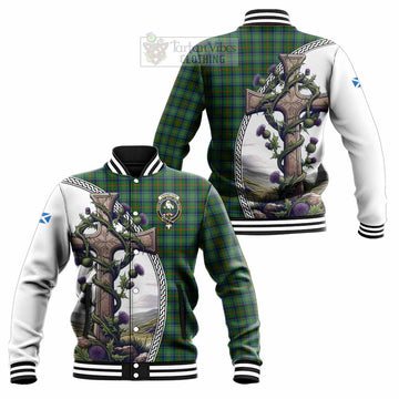 Cranstoun (Cranston) Tartan Baseball Jacket with Family Crest and St. Andrew's Cross Accented by Thistle Vines Unisex - Tartan Vibes Clothing