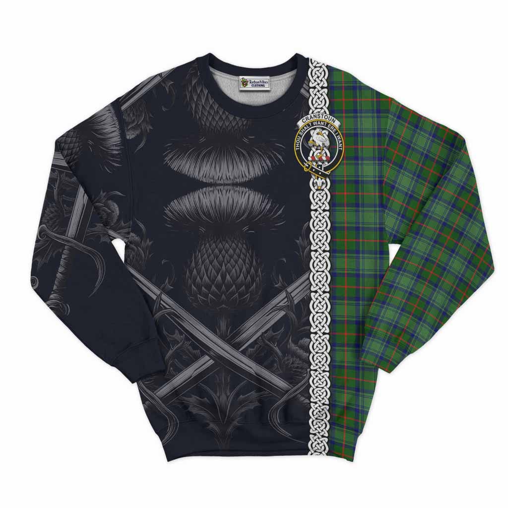 Cranstoun (Cranston) Tartan Sweatshirt with Family Crest Cross Sword Thistle Celtic Vibes Unisex - Tartan Vibes Clothing
