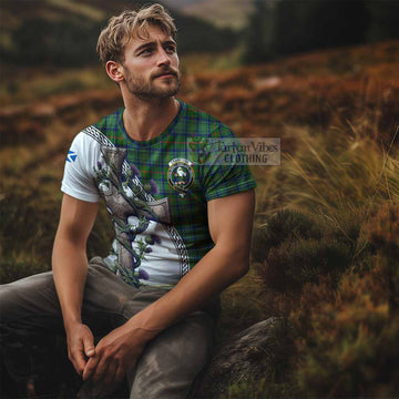 Cranstoun (Cranston) Tartan T-Shirt with Family Crest and St. Andrew's Cross Accented by Thistle Vines - Tartan Vibes Clothing