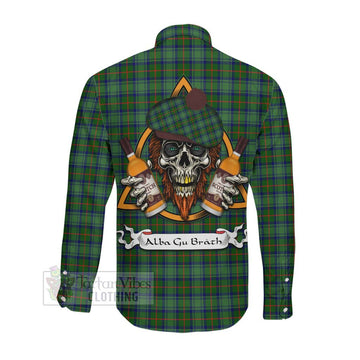 Cranstoun (Cranston) Tartan Long Sleeve Button Shirt with Family Crest and Bearded Skull Holding Bottles of Whiskey Men's Shirt - Tartan Vibes Clothing