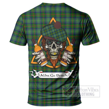 Cranstoun (Cranston) Tartan T-Shirt with Family Crest and Bearded Skull Holding Bottles of Whiskey - Tartan Vibes Clothing