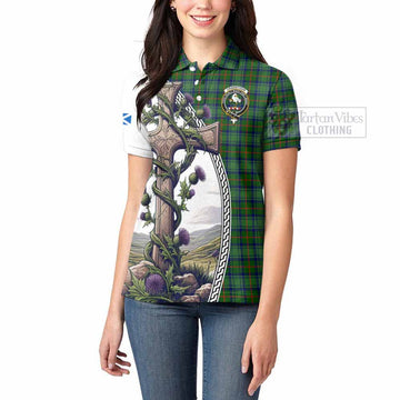 Cranstoun (Cranston) Tartan Women's Polo Shirt with Family Crest and St. Andrew's Cross Accented by Thistle Vines - Tartan Vibes Clothing