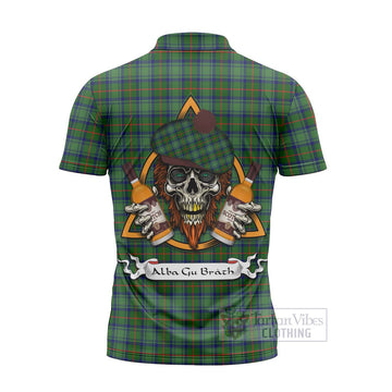 Cranstoun (Cranston) Tartan Zipper Polo Shirt with Family Crest and Bearded Skull Holding Bottles of Whiskey - Tartan Vibes Clothing