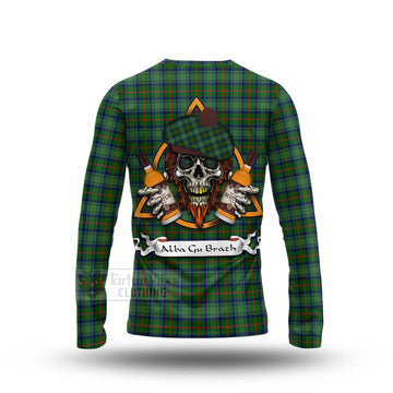 Cranstoun (Cranston) Tartan Long Sleeve T-Shirt with Family Crest and Bearded Skull Holding Bottles of Whiskey - Tartan Vibes Clothing