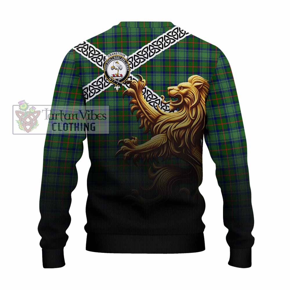 Cranstoun (Cranston) Crest Tartan Knitted Sweater with Golden Lion Emblem Celtic Style - Tartan Vibes Clothing