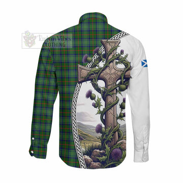 Cranstoun (Cranston) Tartan Long Sleeve Button Shirt with Family Crest and St. Andrew's Cross Accented by Thistle Vines Men's Shirt - Tartan Vibes Clothing