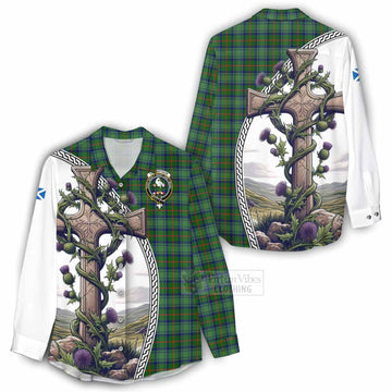 Cranstoun (Cranston) Tartan Women's Casual Shirt with Family Crest and St. Andrew's Cross Accented by Thistle Vines - Tartan Vibes Clothing