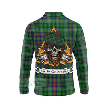 Cranstoun (Cranston) Tartan Long Sleeve Polo Shirt with Family Crest and Bearded Skull Holding Bottles of Whiskey - Tartan Vibes Clothing