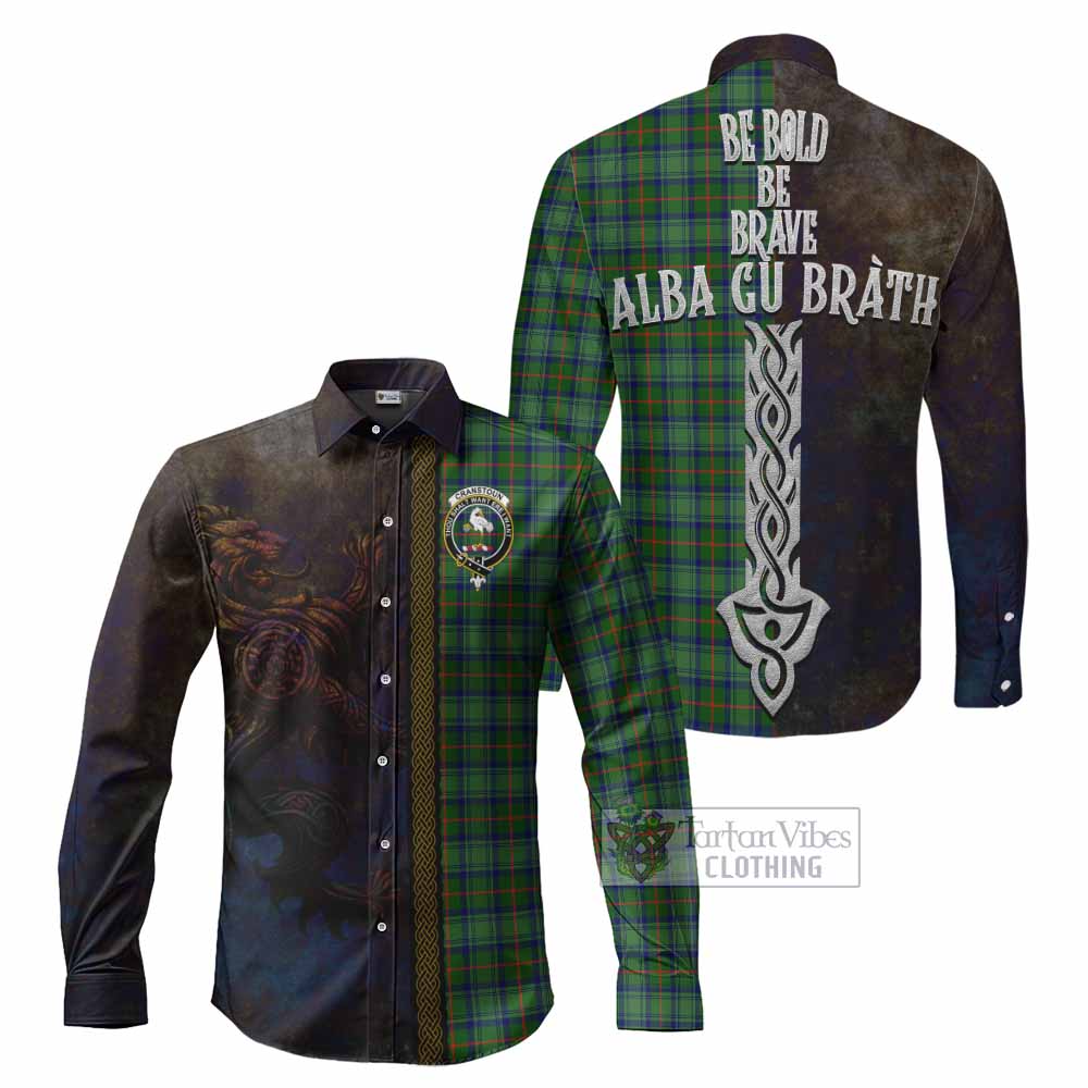 Tartan Vibes Clothing Cranstoun (Cranston) Tartan Family Crest Long Sleeve Button Shirt Alba Gu Brath Be Brave Lion Ancient Style