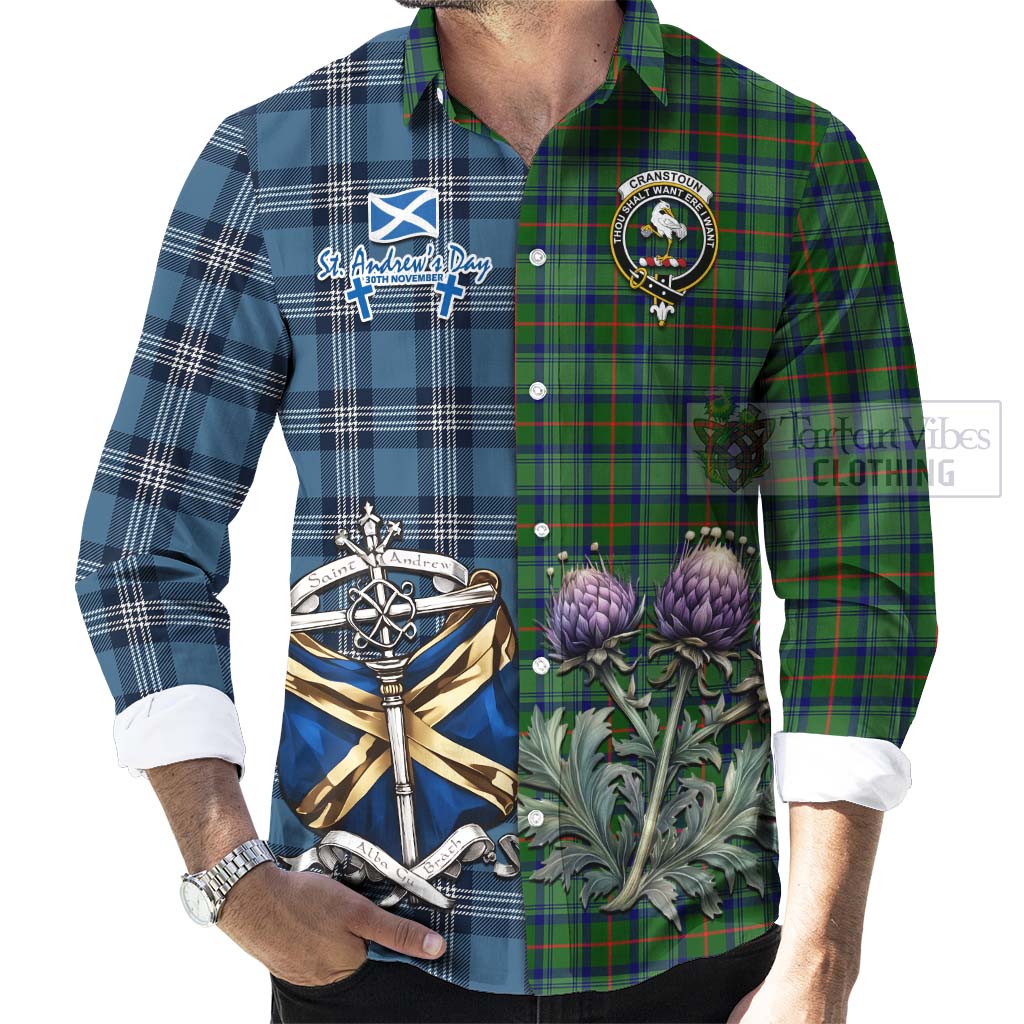 Cranstoun (Cranston) Tartan Long Sleeve Button Shirt Happy St. Andrew's Day Half Tartan Style - Tartan Vibes Clothing