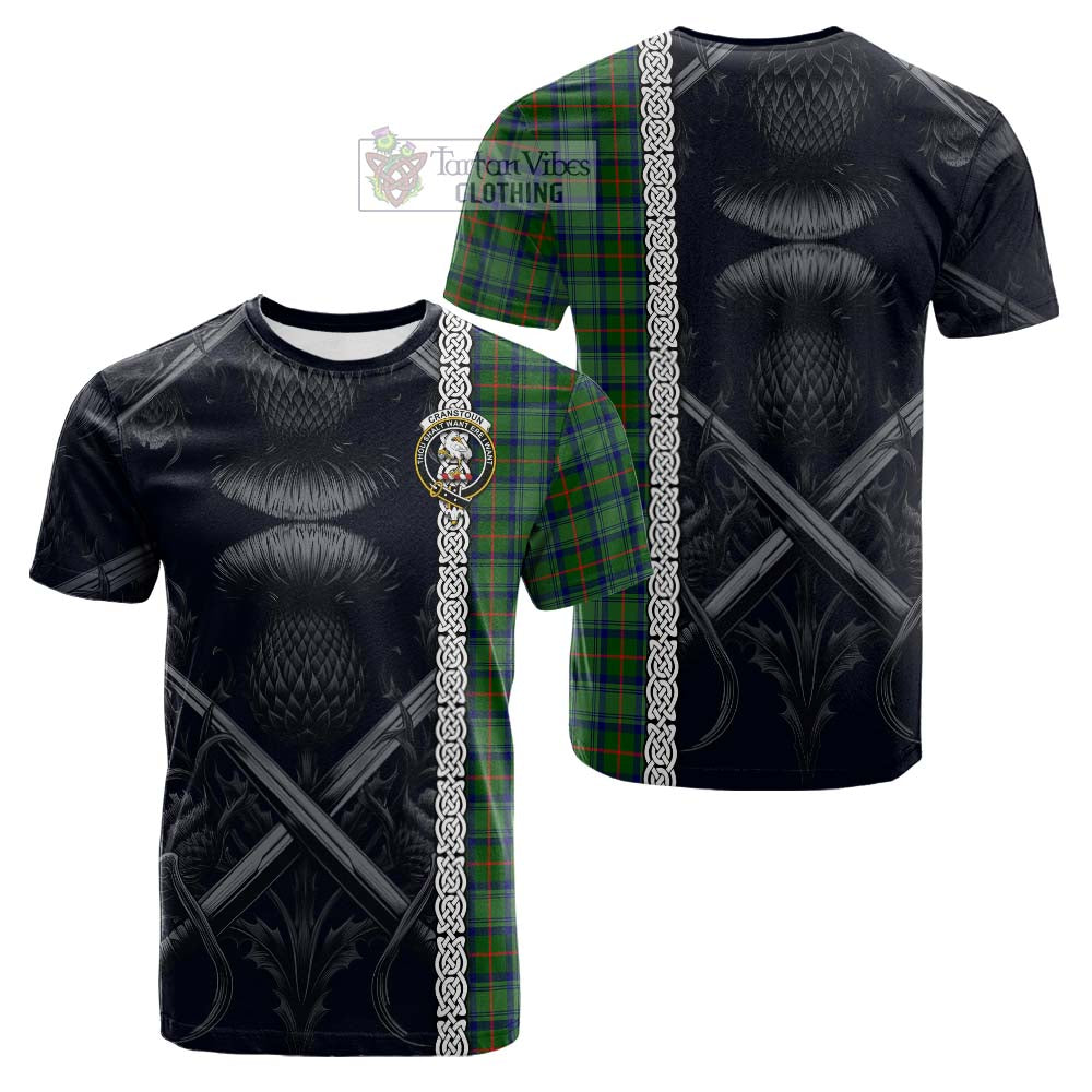 Tartan Vibes Clothing Cranstoun (Cranston) Tartan Cotton T-shirt with Family Crest Cross Sword Thistle Celtic Vibes