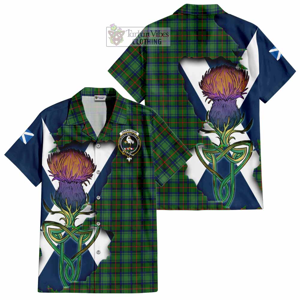 Tartan Vibes Clothing Cranstoun (Cranston) Tartan Family Crest Short Sleeve Button Shirt Scottish Thistle Celtic Inspired