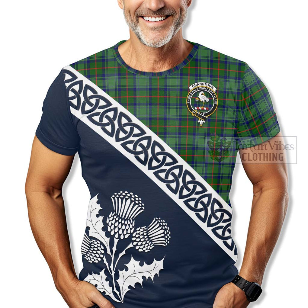 Cranstoun (Cranston) Tartan T-Shirt Featuring Thistle and Scotland Map - Tartanvibesclothing Store