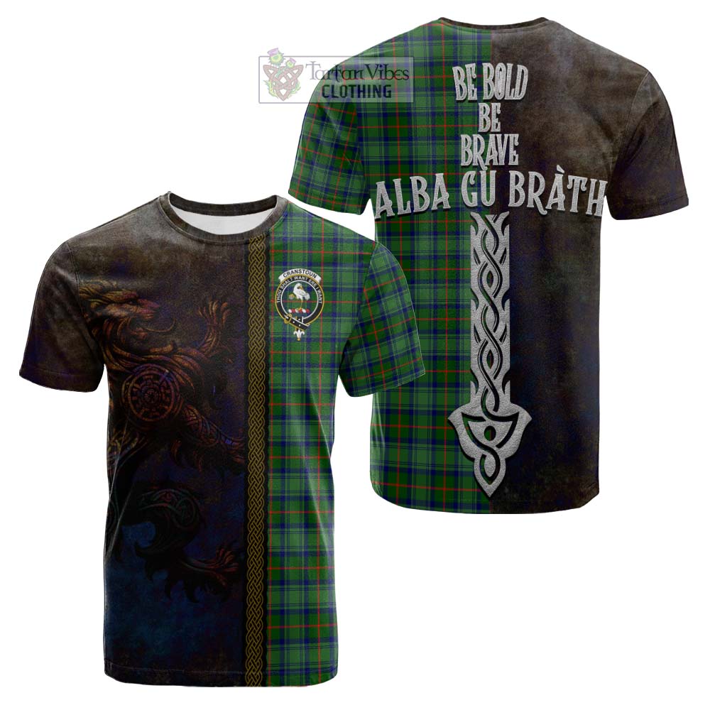 Tartan Vibes Clothing Cranstoun (Cranston) Tartan Family Crest Cotton T-shirt Alba Gu Brath Be Brave Lion Ancient Style