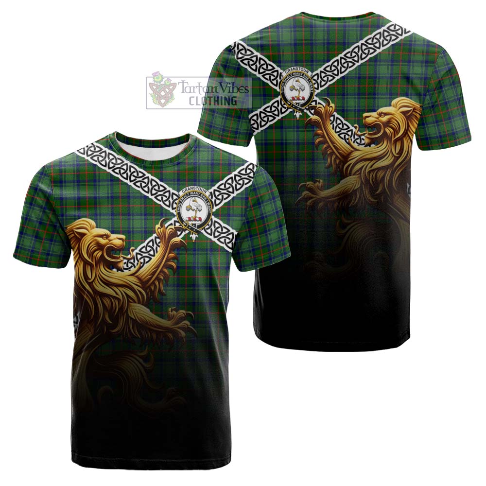 Tartan Vibes Clothing Cranstoun (Cranston) Crest Tartan Cotton T-shirt with Golden Lion Emblem Celtic Style