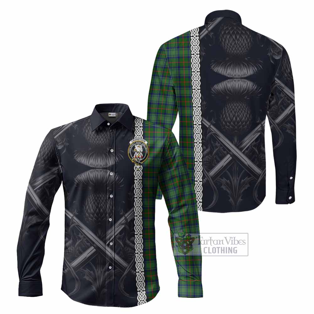 Tartan Vibes Clothing Cranstoun (Cranston) Tartan Long Sleeve Button Shirt with Family Crest Cross Sword Thistle Celtic Vibes