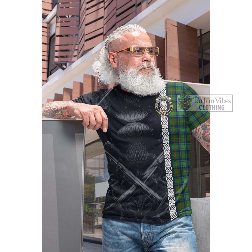 Tartan Vibes Clothing Cranstoun (Cranston) Tartan Cotton T-shirt with Family Crest Cross Sword Thistle Celtic Vibes
