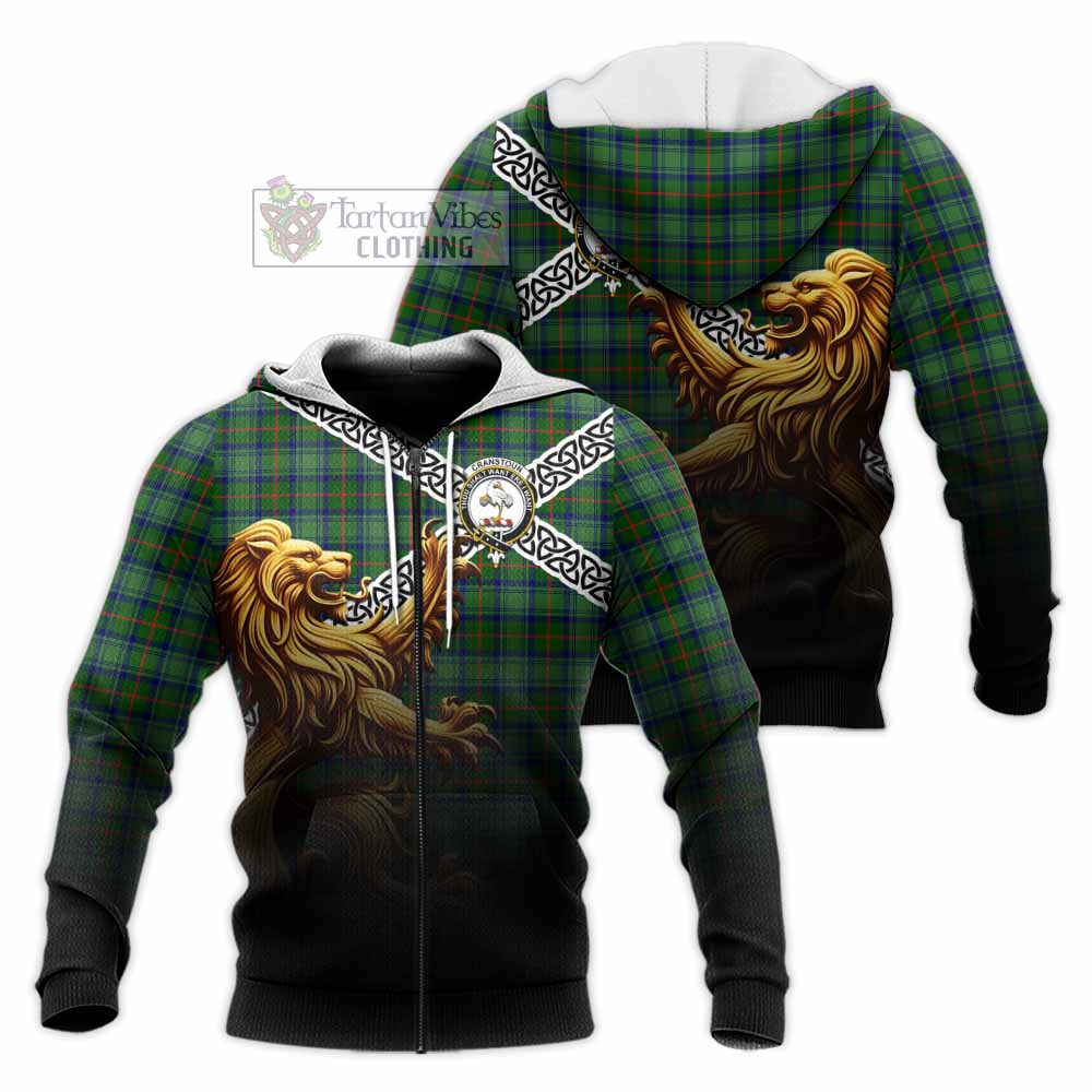 Cranstoun (Cranston) Crest Tartan Knitted Hoodie with Golden Lion Emblem Celtic Style Unisex Knitted Zip Hoodie - Tartan Vibes Clothing