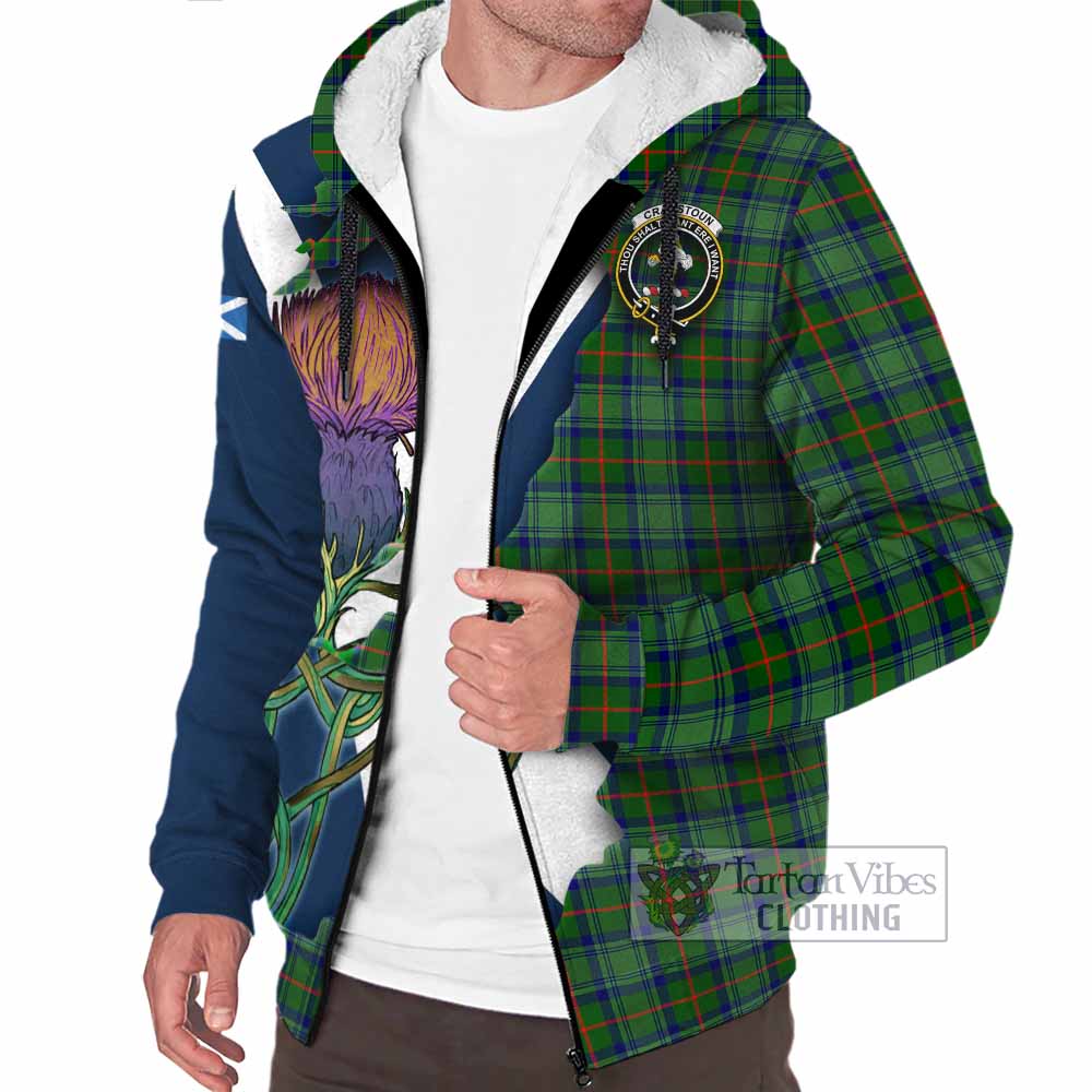 Tartan Vibes Clothing Cranstoun (Cranston) Tartan Family Crest Sherpa Hoodie Scottish Thistle Celtic Inspired