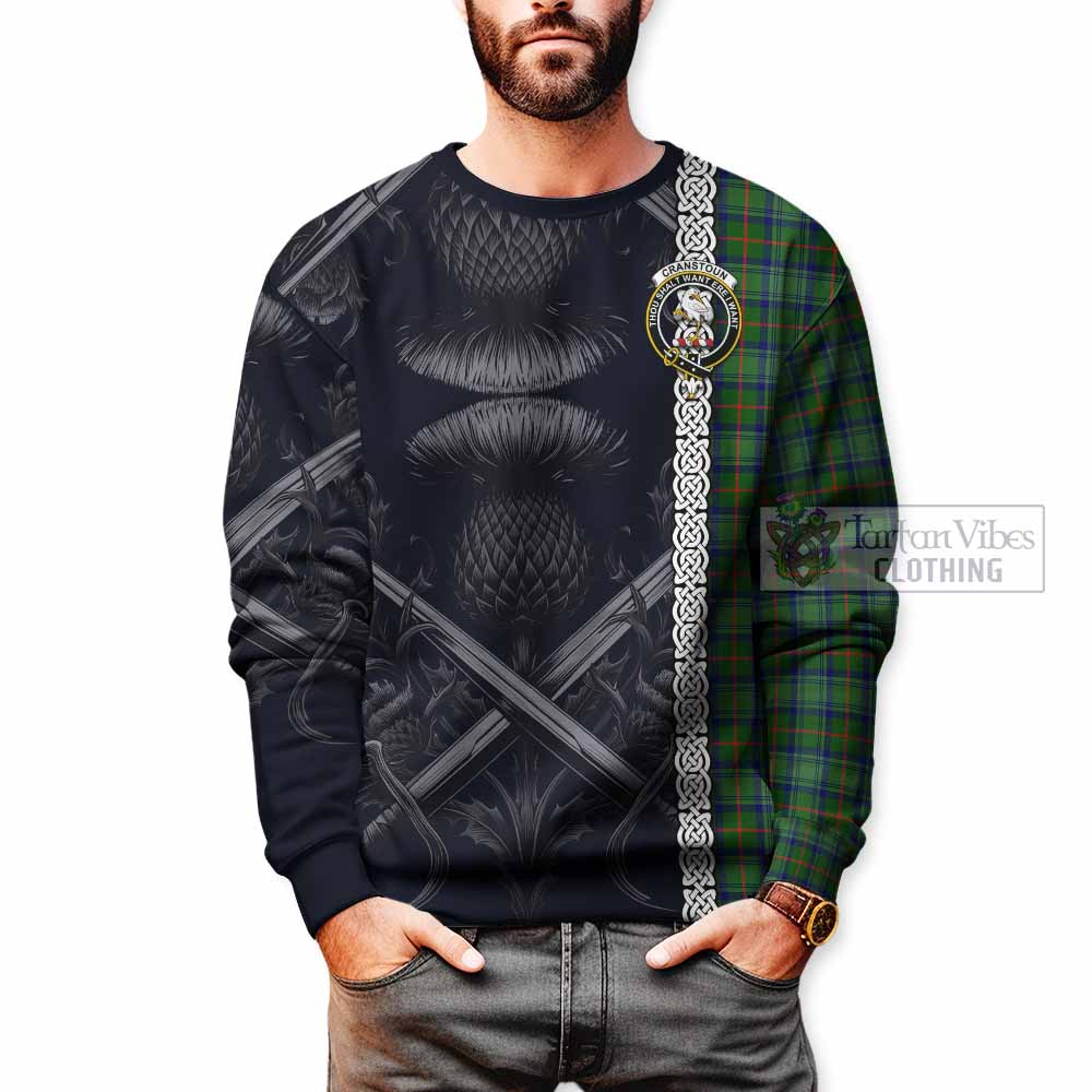 Cranstoun (Cranston) Tartan Sweatshirt with Family Crest Cross Sword Thistle Celtic Vibes - Tartan Vibes Clothing