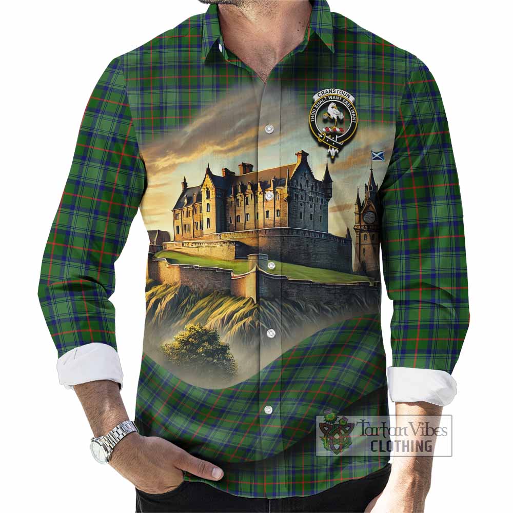 Tartan Vibes Clothing Cranstoun (Cranston) Tartan Family Crest Long Sleeve Button Shirt with Scottish Ancient Castle Style