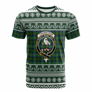 Cranstoun (Cranston) Clan Tartan Christmas Cotton T-shirt with Family Crest